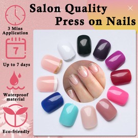 LoveOurHome 288pc Round Square Press on Nails Short Fake Nails Tips Acrylic Nails Press ons Nail Square Short Glue on Nail French Tips Press on Nail Women Girls Artificial False Nail & Adhesive Tabs