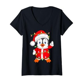 Womens Penguin Christmas Lights Santa Costume Cute Animal Xmas V-Neck T-Shirt