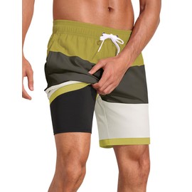 Nonwe Men's Swim Trunks 2 in 1 Bathing Suit Quick Dry Compression Lined Athletic Swimwear Green&Black 34