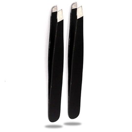Precise Canada Slant Tweezers, Stainless Steel Precision Tweezers for Ingrown Hair, Eyebrow and Hair Remover 2 Pieces (Black Coated)