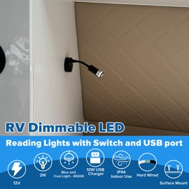 12V LED Reading Lights RV Dimmable Beside Spot Light with Switch USB Type-A Port for RV Camper Trailer Interior – Blue and 6500K White Lighting 2W, 120lumens – Wall Mount (2 Lights)