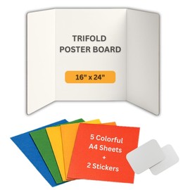 Trifold Poster Board Small 16"x24" Corrugated Display Board with Bonus 5 Colored A4 Sheets & Label, White Front Kraft Back Perfect for School Projects, Business Presentations, Science Fairs (White)