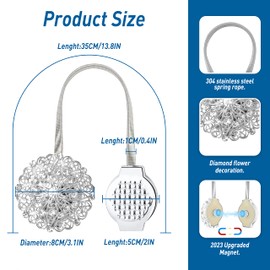 Curtain Tie Backs, Sparkling Floral Decorative Magnetic Curtain TieBacks, No Drilling Curtain Holdbacks, Stainless Spring Wire Drapery Curtain Holder Buckle for Home Office. (Silver 4 Pack)