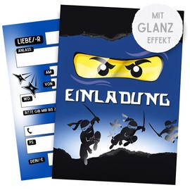 ZETTMANN 10 Premium Invitation Cards for Children's Birthday Boys, Card Set with Ninja Motif, Birthday Invitations, High-Quality Birthday Invitations (Blue Ninja)