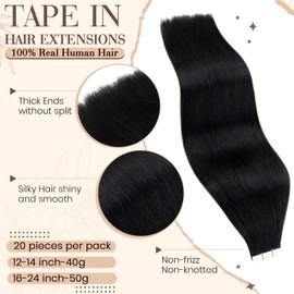 Hetto Remy Real Hair Tape-In Extensions, Jet Black, Natural Black No. 1, 55 cm, 50 g