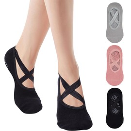 Risipu Grip Pilates Socks for Women,Non-slip Yoga Athletic Socks for Barre Ballet Barefoot Workout Hospital (UK, Alpha, One Size, Regular, Regular, 3 Pairs - Black+Gray+Pink)