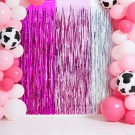 Gemscream 2 Pcs 3.28ft x 6.56ft Disco Cowgirl Bachelorette Party Decorations Pink and Silver Tinsel Foil Fringe Curtains Backdrop Photo Props Streamer for Birthday Wedding Party Decor