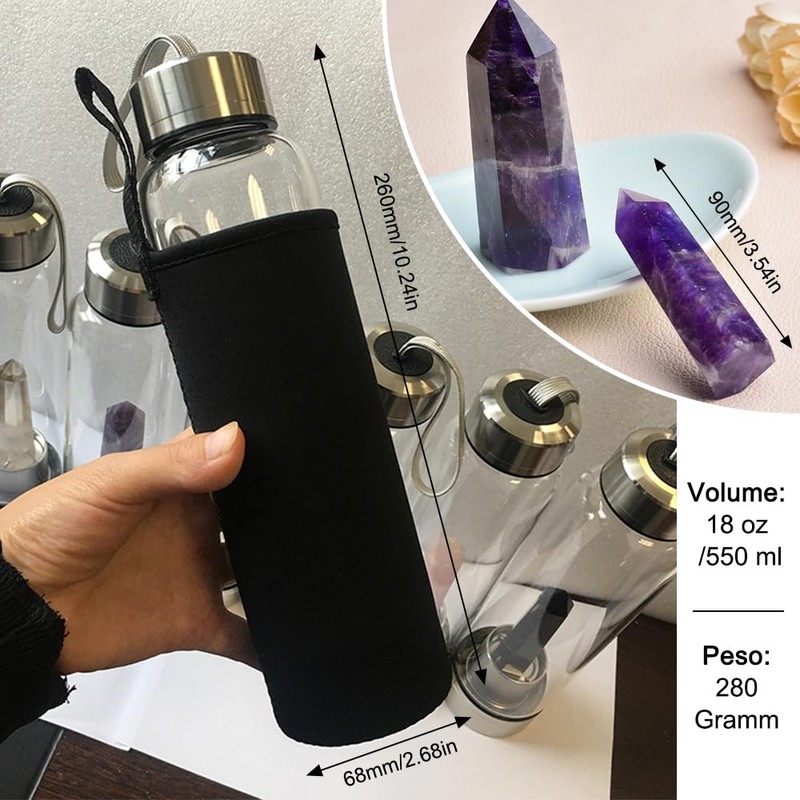 HINATAA Crystal Water Bottle, Removable Healing Natural Quartz Water Bottle,