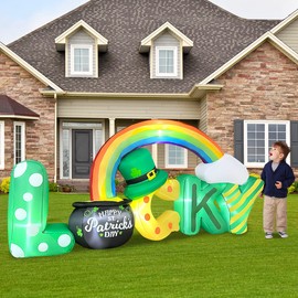 Megaction 8 Foot St. Patrick Day Inflatable Rainbow Arch with Leprechaun Sitting on Pot of Shamrock Funny Lucky Indoor Outdoor Lawn Yard Art Decoration