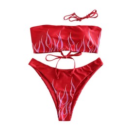 ZAFUL Women's Bathing Suit Adjustable Back Lace-up Bandeau Bikini Set (2-Cherry Red-Flame,S)