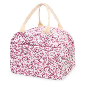 Cotton Quilted Insulated Lunch Bag, Cute Quilted Floral Lunch Tote Bags Reusable Insulated Lunch Box Coquette Aesthetic Large Capacity Insulated Cooler for Women Work Travel Picnic (Red)