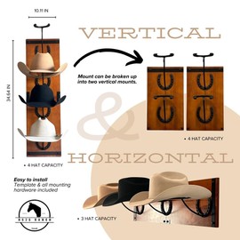 R828 Ranch Cowboy Hat Rack For Wall Mount (34.6” x 10.1” x 13.5”) | Wood Cowboy Hat Holder | Hanging Western Hat Rack w/Metal Accents | Customizable Hat Organizer w/Handmade Horseshoe Mounts
