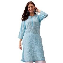 Ada Indian Hand Embroidered Chikankari Blue Georgette Kurta Kurti Tunic for Women A95484 (XS)