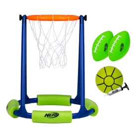 NERF Floating Pool Basketball Hoop + Football Target Net Set - Water Basketball + (2) Pool Footballs Included - Floating Hoop + Target Goal for in-Pool + Poolside Play - Sports Pool Toys for Kids