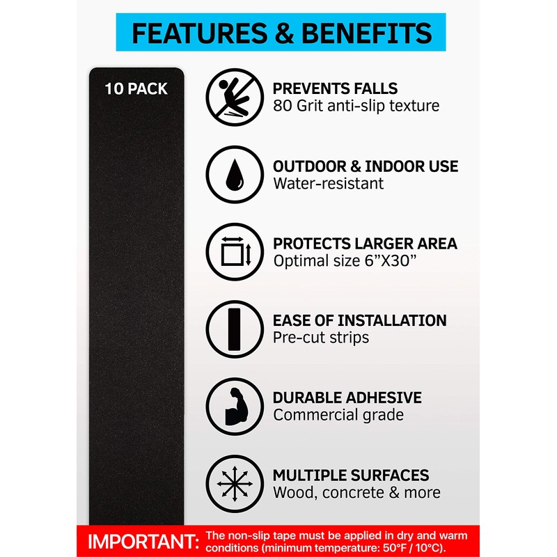 6”x30” Stair Treads Non-Slip Outdoor Tape – (10-Pack) Black Anti-Slip