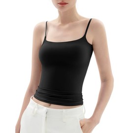 PUMIEY Women's Square Neck Tank Top Adjustable Spaghetti Straps Sleeveless Basic Tops Sharp Collection tankair tanktop Womenswear Tube Minimalist Comfort Short Lady Underwear Casual Slim:_Jet Black_2XL