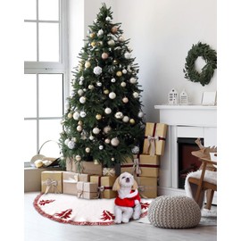 Christmas Tree Skirt, Christmas Decorations, 48 Inch Knitting Retro Xmas Tree Skirt Décor Skirt (White with Red)
