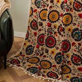Deeprove Boho Curtain with Tassels, Cotton Linen Semi Blackout Bohemian Florals Printed Window Treatment Panel, Farmhouse Rod Pocket Drape for Livingroom Bedroom Kitchen, 59" x 84", 1 Panel