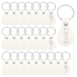 PATIKIL 24Pcs Leather Key Fob Kit, Round PU Leather Keychain Blanks with Rivets and Key Rings Key Chains Bulk for DIY Craft Laser Engraving, White