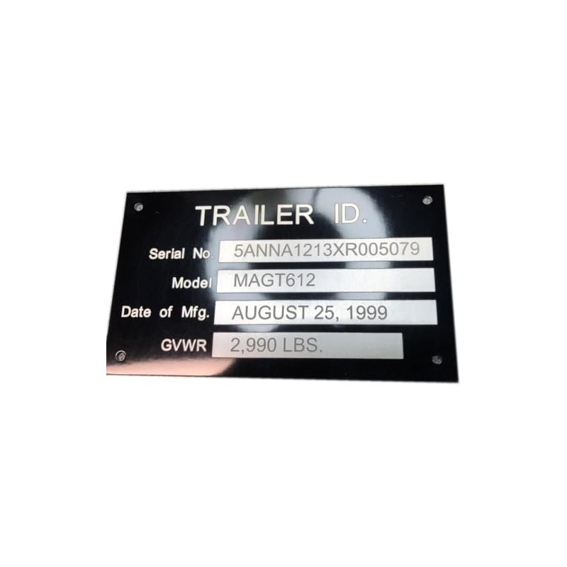 Engraved Medium Four line Trailer Equipment Plate Tag Serial Model