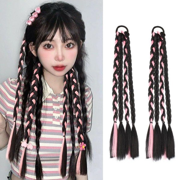 Hair Extensions Four Braid Wigs 2 Pieces 45cm Color Extensions Braided Color Extensions Dance Extensions Ponytail Wig Twin Tail Braided Hair Extensions Costume Birthday Party Kids Event (Natural Black