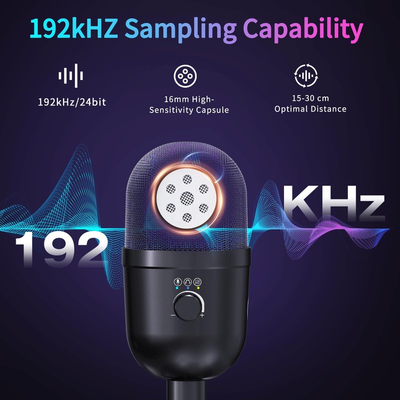 LRUFOB USB Gaming Condenser Microphone for PC/Desktop,192kHz/24Bit,Noise Cancellation,Monitoring,Quick Mute &