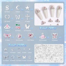 Cross Star Silver Nail Charms, 320 Pcs Pink Cherry Butterfly Bows 3D Alloy Nail Gems and Charm, Heart Dollar Star Crown Nail Art Charms, Silver Nails Rivets Charms for Nails DIY Design Y2K Supplies