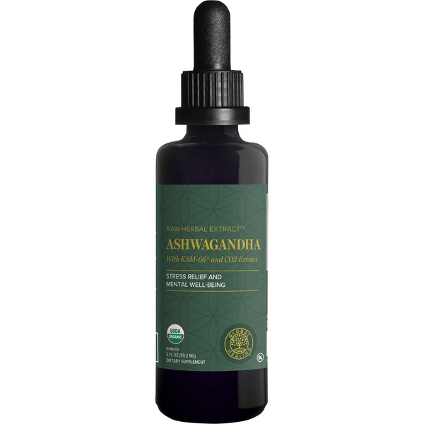 Global Healing Organic Ashwagandha Supplement Drops - Liquid Ashwagandha KSM 66 Extra Strength for Men & Women - Helps Promote Relief from Stress - 2 Fl Oz