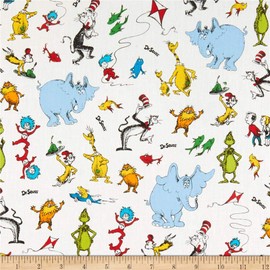 Kaufman Celebrate Seuss Characters White, Fabric by the Yard