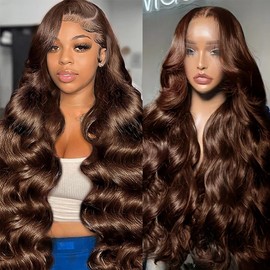 KAITHLYPO 30 Inch Chocolate Brown Lace Front Wig 200 Density Body Wave Brown Wig Human Hair 13x6 HD Colored Frontal Wigs Pre Plucked Human Hair With Baby Hair