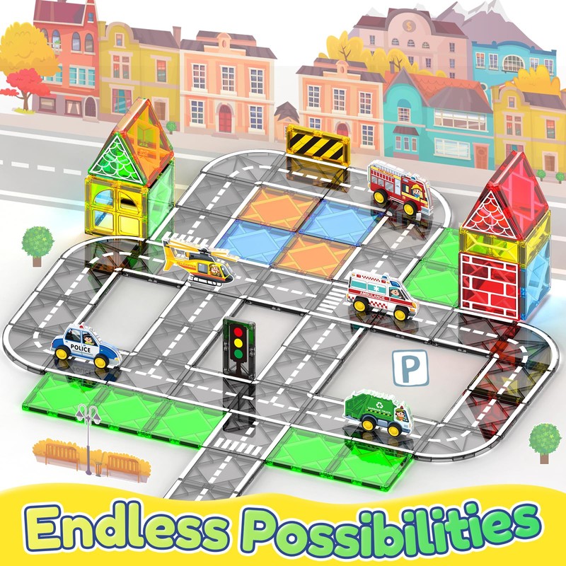 Oriate City Road Set Magnetic Tiles, Rolling Rescue Toy Cars