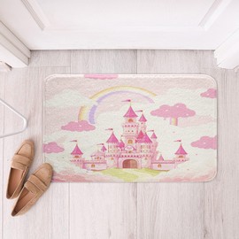 Homemissing Pink Castle Bath Mats for Bathroom Rainbow Castle Bathroom Rugs Girls Princess Bath Rugs for Shower Tub Fairy Tales Bathroom Accossories Girls 20x32Inch