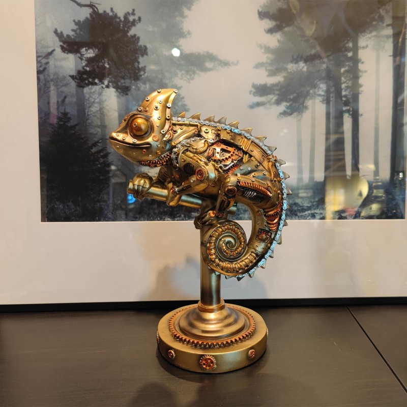 GENUINQ Steampunk Lizard Chameleon Statue Hand Painted Sculpture Resin Cyborg