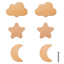 6pieces Wooden Animal Cabinet Knobs Cute Star Cloud Moon Drawer Handles for Kids Wooden Cabinet Knobs with Screws