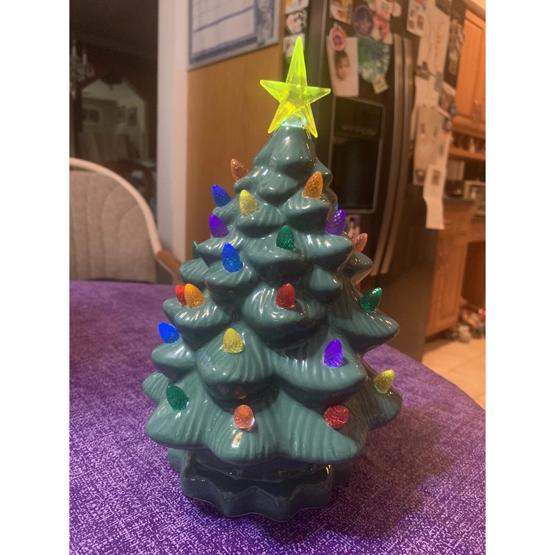 Ceramic Christmas Tree Large Green Tabletop Tree Multicolored Lights 11"