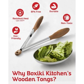 Boxiki Kitchen 9 Inch Tongs for Cooking with Wooden Tips - Nonstick Kitchen Tongs for Serving Food, Grilling, Cooking, BBQ and Tossing Salad - Made of Natural Walnut Wood