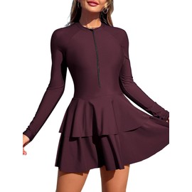 ZAFUL Women's One Piece Rash Guard Long Sleeve Modest Swimsuits Dress Zipper Bathing Suit Swimskirt