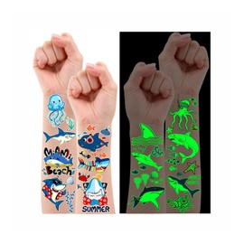 Leesgel 12 Sheets Luminous Shark Temporary Tattoos for Kids, Glow Return Gifts for Kids Birthday Shark Theme Party Decorations, Games Prizes Toys for Boys Girls Under the Sea Party Supplies