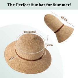 Beach Sun Hats for Women, Wide Brim Straw Hats with Adjustable Band, UPF 50+ Summer Foldable Roll up Hat