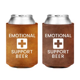 2pcs Emotional Support Beverage Beer Can Cooler Sleeves Leather Beer Holder Fathers Day Birthday Gifts for Beer Lover Dad Him Men Father Husband Funny Party Supplies Decorations