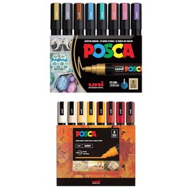 posca posca Markers Bundle, 16 Medium Paint Markers 5M - 8 Warm Tones + 8 Metallic Tones