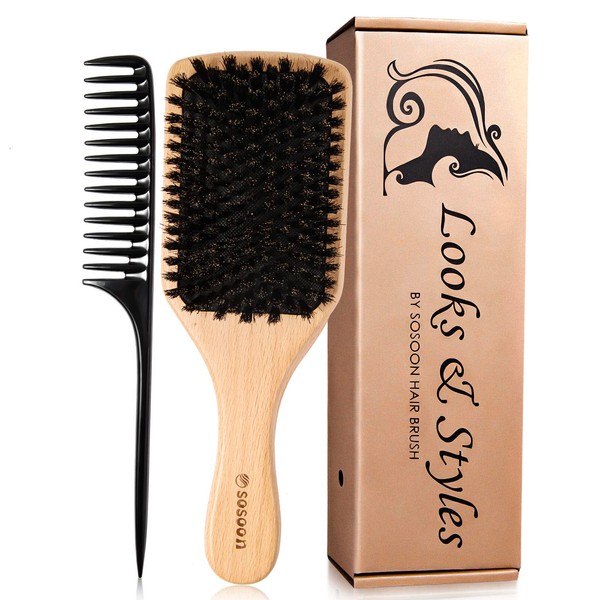 Boar Bristle Hair Brush, 100% Pure Boar Bristle Paddle Brush for Women Men Kids Thin, Fine, Long, Curly or Any Type of Hair, Restore Shine & Texture and Makes Hair Smooth & Health
