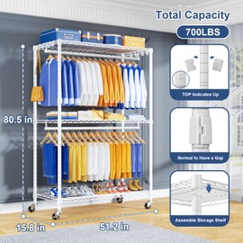 ULIFHOME P8 Heavy Duty Clothes Rack（With Extended Width Design） Rolling Clothing Racks for Hanging Clothes，Portable Garment Rack with Lockable Wheels，51.2" W x 15.8" D x 80.5" H，Max Load 700LBS，White