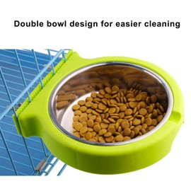 Crate Dog Bowl Removable Stainless Steel Water Food Bowls Cage Coop Cup for Cat Puppy Bird Pets (Large, Green with Corrugated Clip)