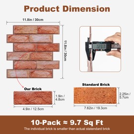 Red 3D Faux Brick Wall Panels Peel and Stick-10 Pack 11.8"x11.8" Brick Wall Tiles, 3D Faux Stone Wallpaper, Realistic Textured Backsplash for Office, Apartment, Bedroom, Kitchen, Fireplace, RV