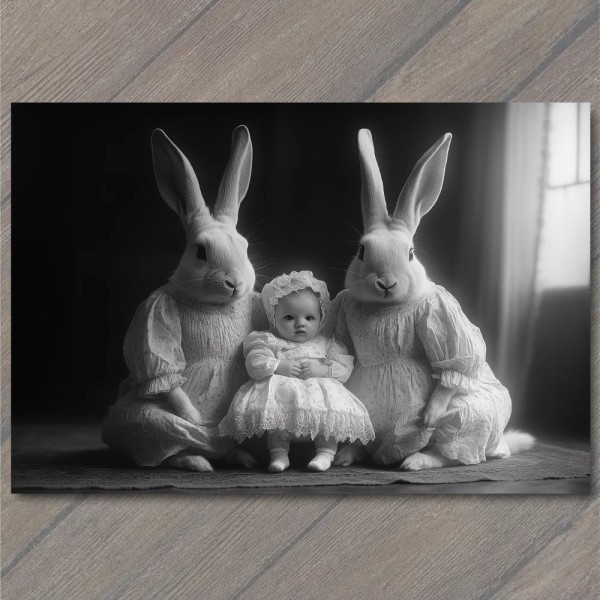 PaperMadDogScar POSTCARD Surreal Bunnies Baby Holding Victorian Odd Fantasy Creepy
