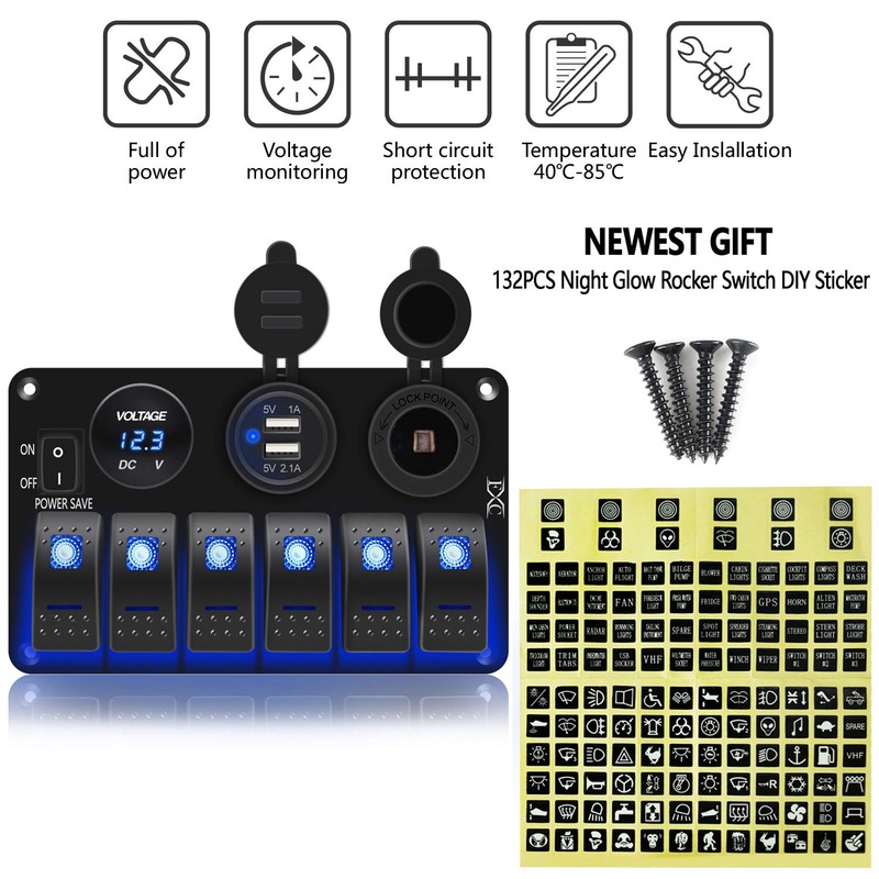 FXC Waterproof Marine Boat Rocker Switch Panel 6 Gang with
