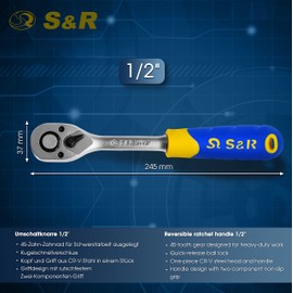 S&R Reversible ratchet 1/2 inch, CrV steel, reversible ratchet for left and right tightening, 2-component ergonomic handle, square drive, lever ratchet 45 teeth, actuation angle 8°