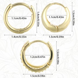 Mikovivi 3 Pairs Gold Hoop Earrings Set, Flat Back Studs Copper Cartilage for Huggie Small Chunky Hoop Clip on Earrings Stack Lightweight & Stylish Jewelry for Women