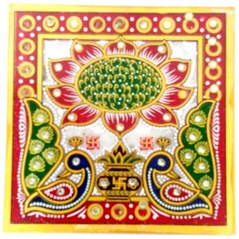 Purpledip Marble Platform (Plinth): Square Ethnic Handpainted Chowki for God Idols (11891)